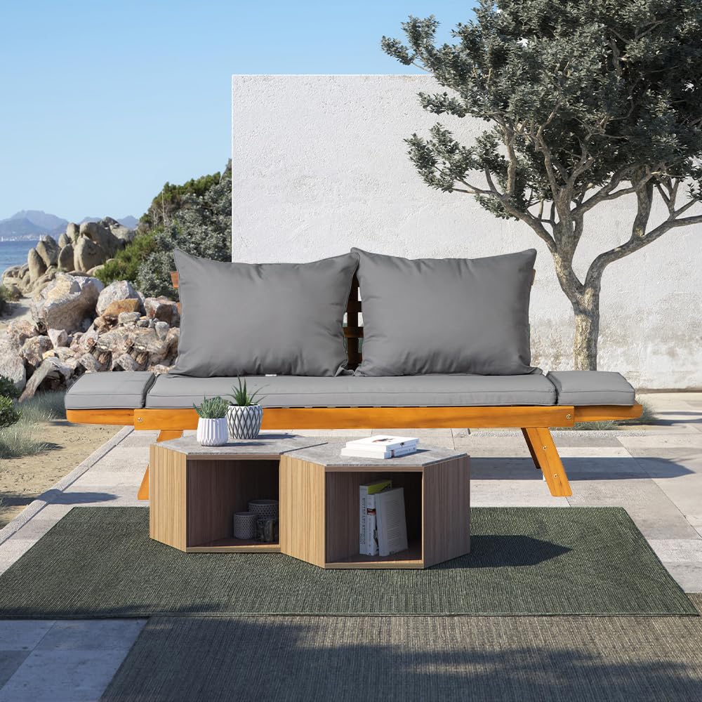 Acacia Wood Convertible Outdoor Sofa Bed with Cushions