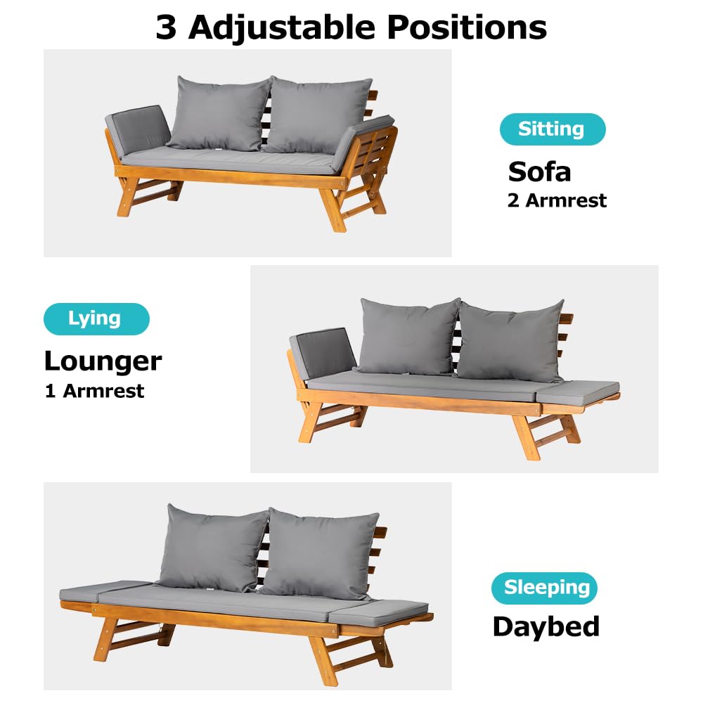 Acacia Wood Convertible Outdoor Sofa Bed with Cushions