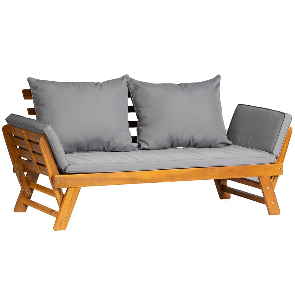 Acacia Wood Convertible Outdoor Sofa Bed with Cushions