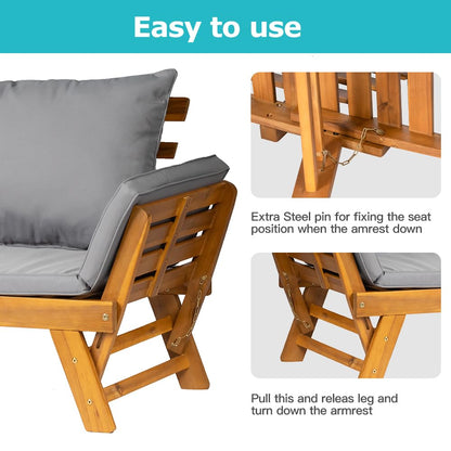Acacia Wood Convertible Outdoor Sofa Bed with Cushions