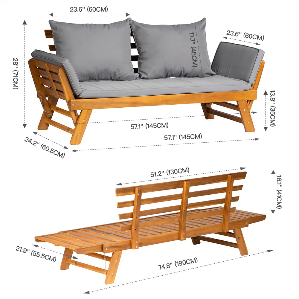 Acacia Wood Convertible Outdoor Sofa Bed with Cushions