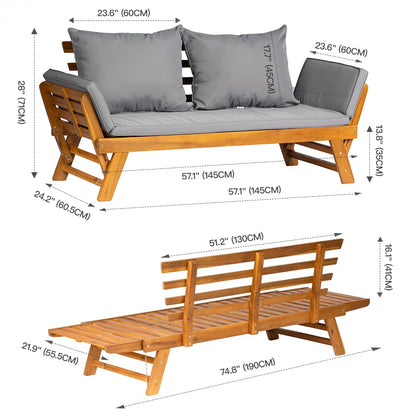 Acacia Wood Convertible Outdoor Sofa Bed with Cushions