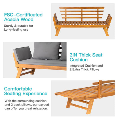 Acacia Wood Convertible Outdoor Sofa Bed with Cushions