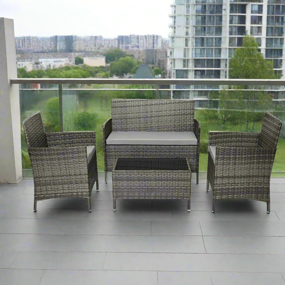 4-Seater Rattan Garden Furniture Set with Glass Coffee Table & Cushions