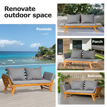 Acacia Wood Convertible Outdoor Sofa Bed with Cushions