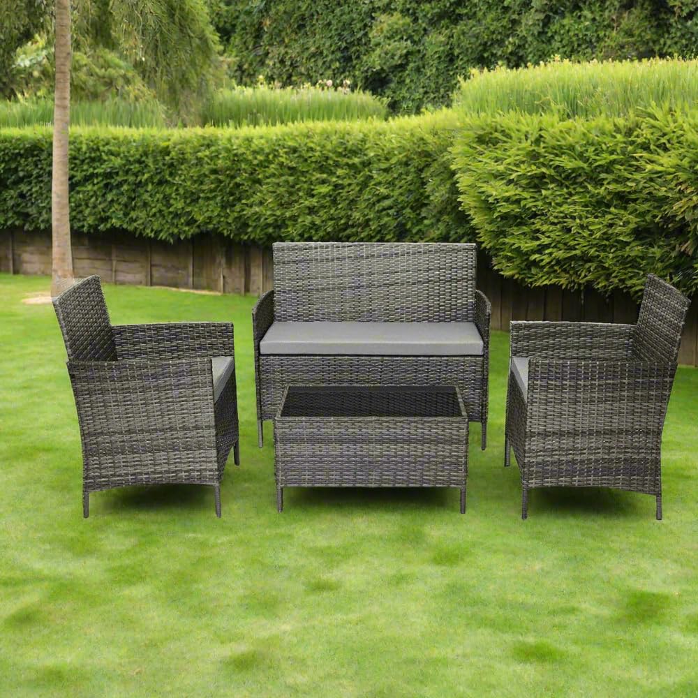 4-Seater Rattan Garden Furniture Set with Glass Coffee Table & Cushions