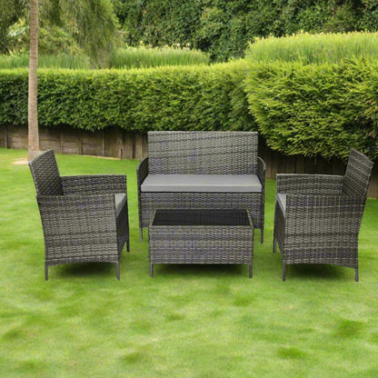 4-Seater Rattan Garden Furniture Set with Glass Coffee Table & Cushions