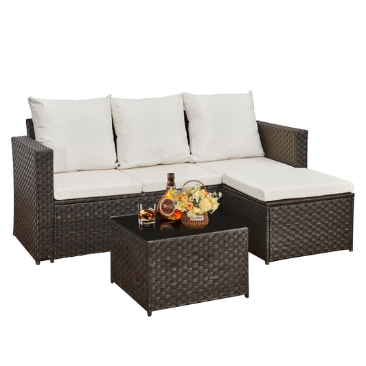 3-Piece Rattan Corner Sofa Set with Coffee Table & Cushions