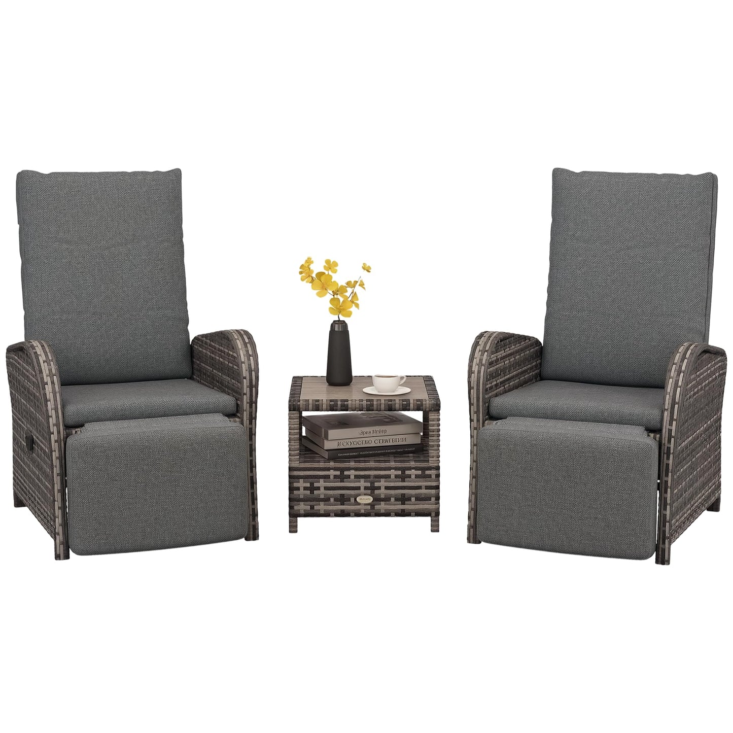 3-Piece Rattan Garden Bistro Set with Reclining Chairs & Coffee Table