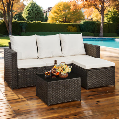 3-Piece Rattan Corner Sofa Set with Coffee Table & Cushions