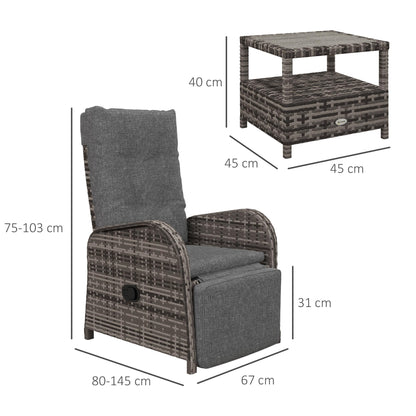 3-Piece Rattan Garden Bistro Set with Reclining Chairs & Coffee Table