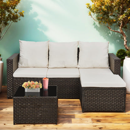 3-Piece Rattan Corner Sofa Set with Coffee Table & Cushions