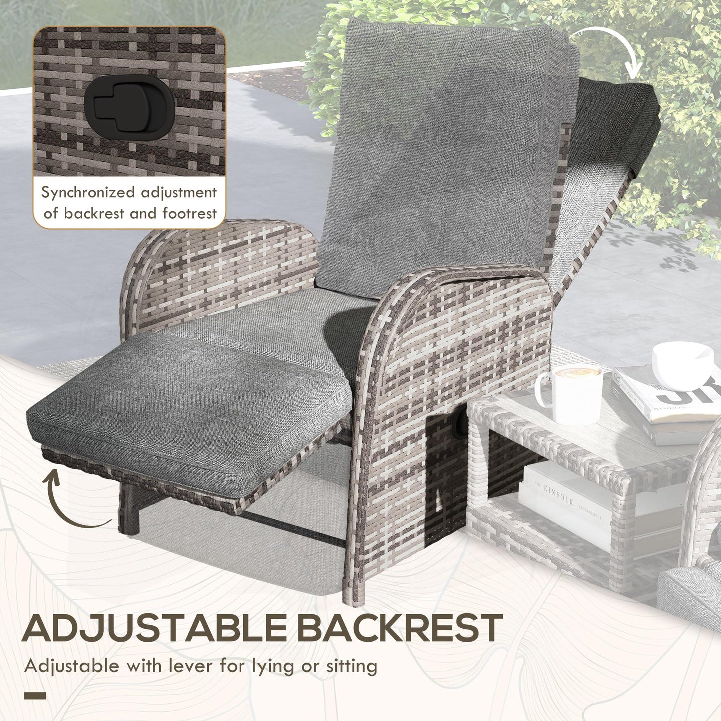 3-Piece Rattan Garden Bistro Set with Reclining Chairs & Coffee Table